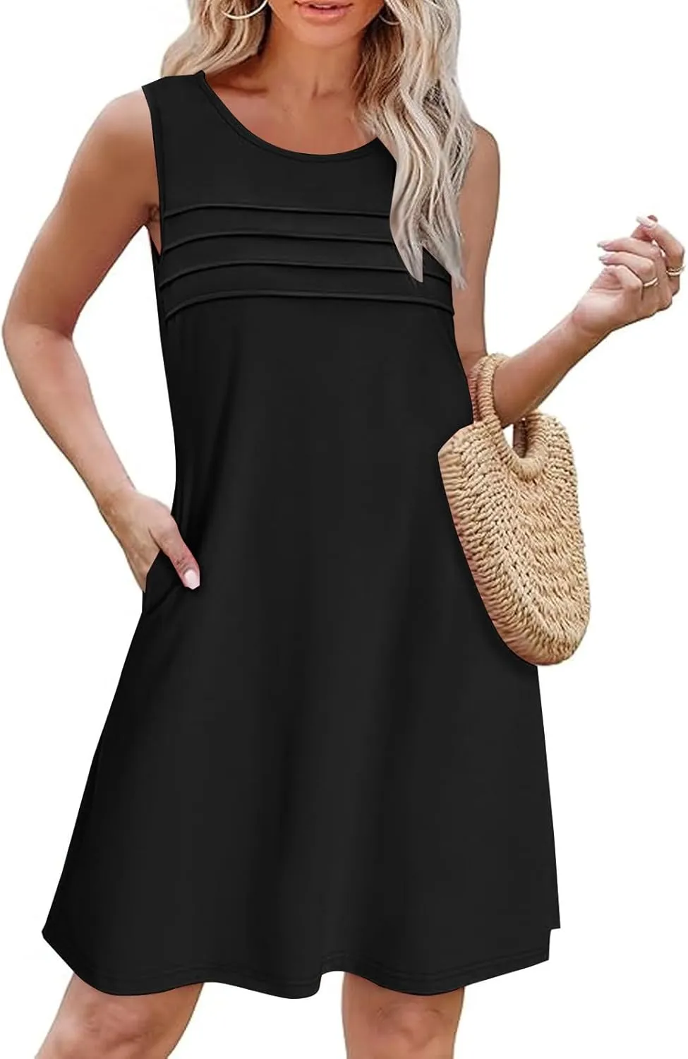 Casual Dresses for Women Sleeveless A-Line Ruched Tank Dress Summer Beach Cover Ups Flowy Sundresses with Pockets