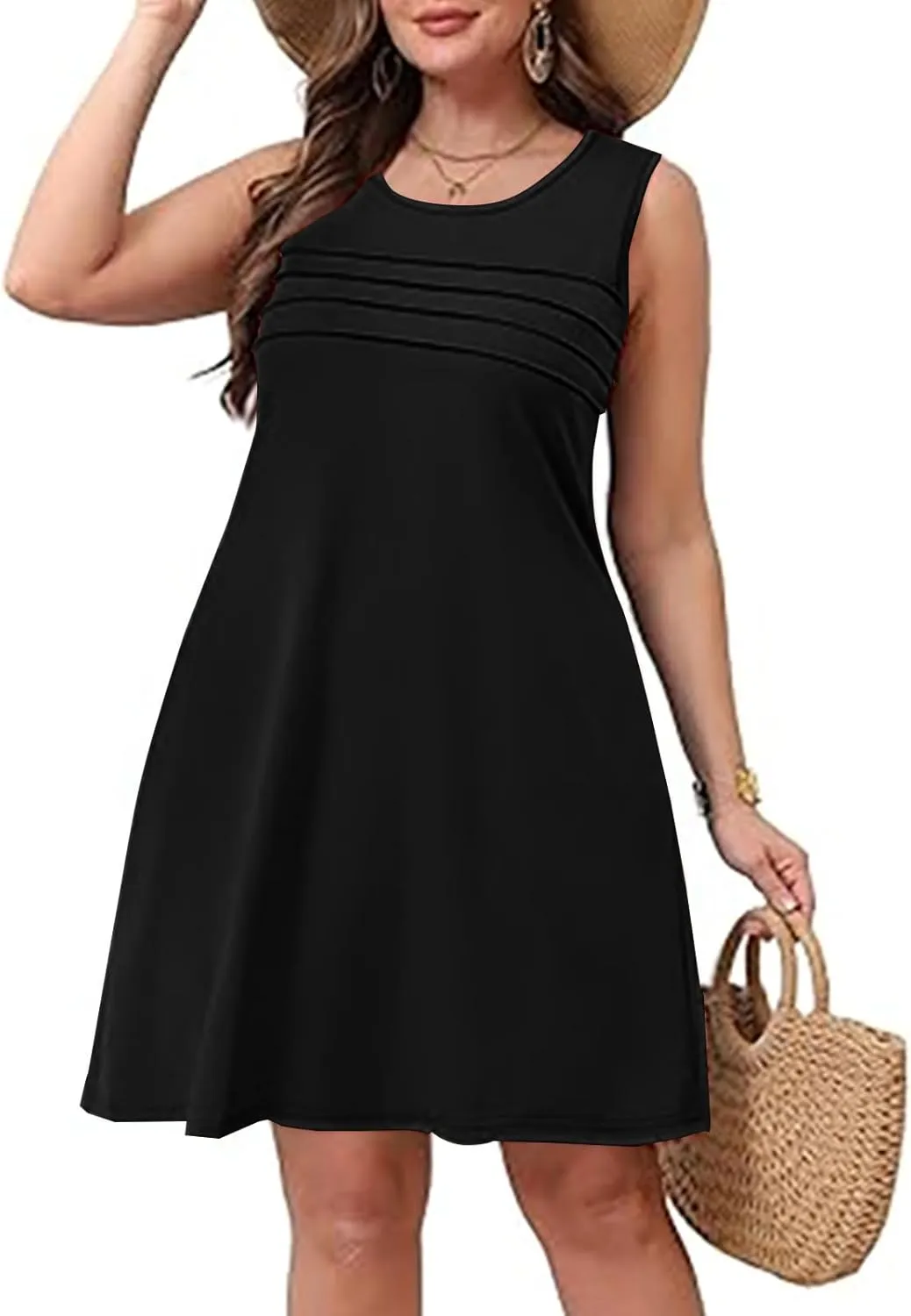 Casual Dresses for Women Sleeveless A-Line Ruched Tank Dress Summer Beach Cover Ups Flowy Sundresses with Pockets