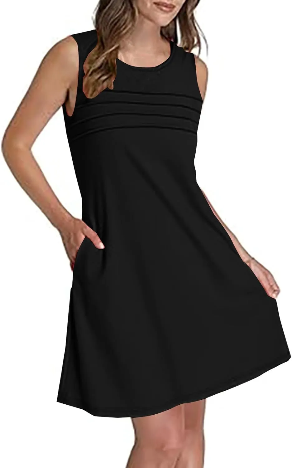 Casual Dresses for Women Sleeveless A-Line Ruched Tank Dress Summer Beach Cover Ups Flowy Sundresses with Pockets