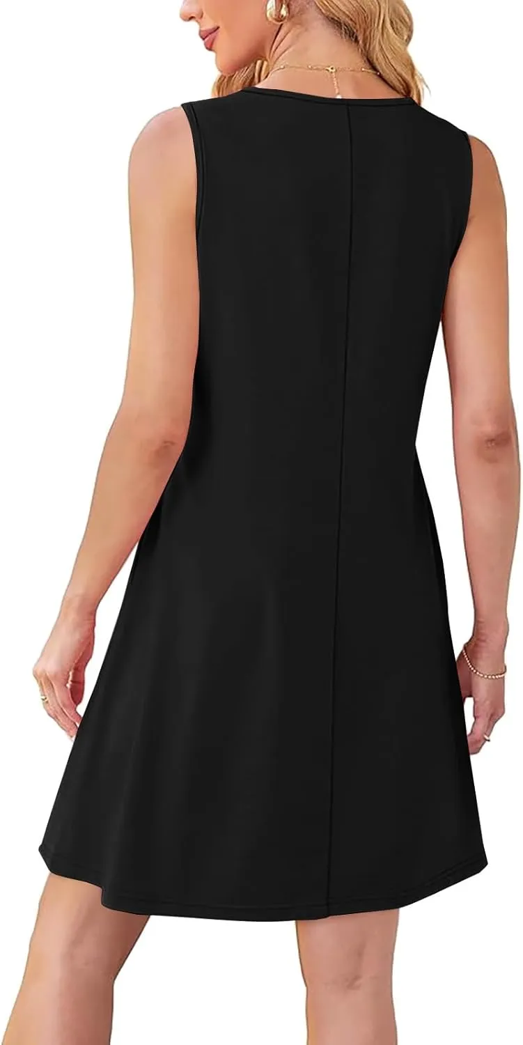 Casual Dresses for Women Sleeveless A-Line Ruched Tank Dress Summer Beach Cover Ups Flowy Sundresses with Pockets