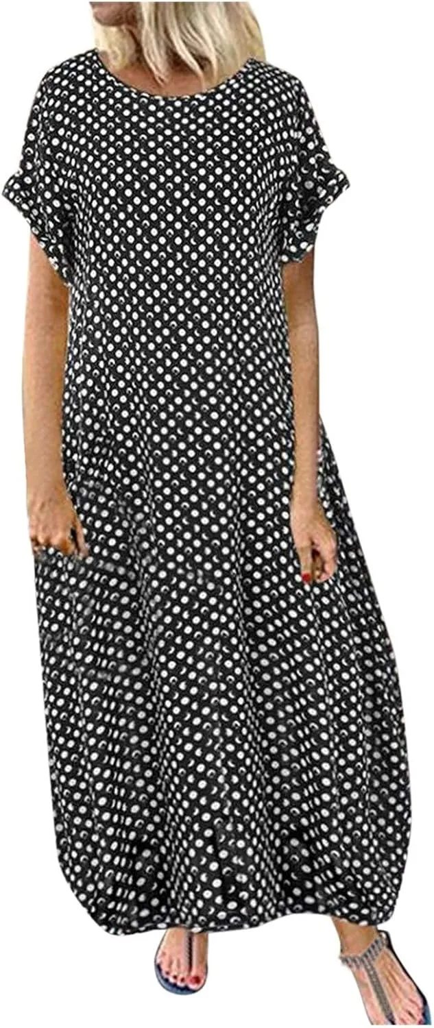 Casual Summer Boho Dress Sleeveless V Neck Loose Flowy Beach Maxi Sundress with Pockets Tiered Ruffle Elastic Waist