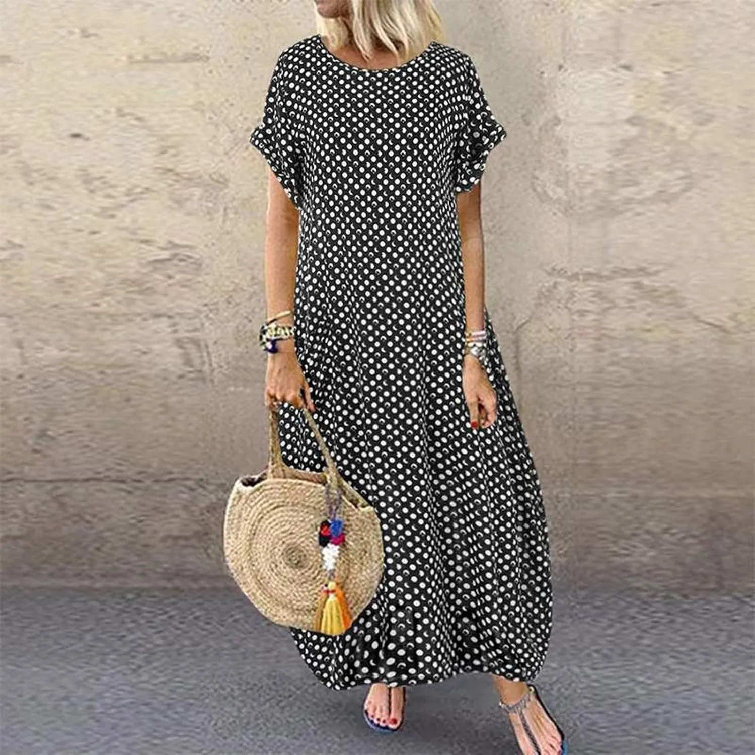 Casual Summer Boho Dress Sleeveless V Neck Loose Flowy Beach Maxi Sundress with Pockets Tiered Ruffle Elastic Waist
