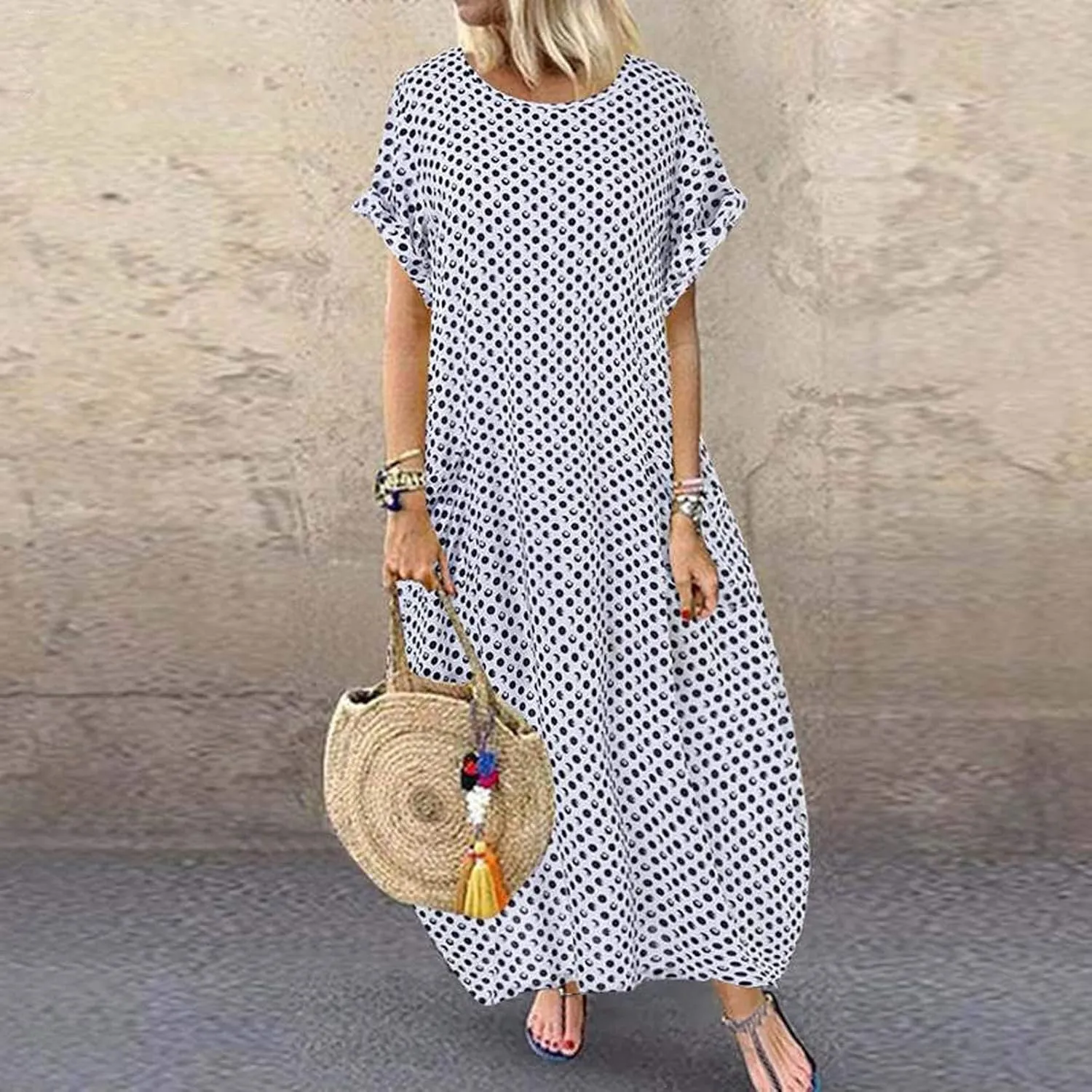 Casual Summer Boho Dress Sleeveless V Neck Loose Flowy Beach Maxi Sundress with Pockets Tiered Ruffle Elastic Waist