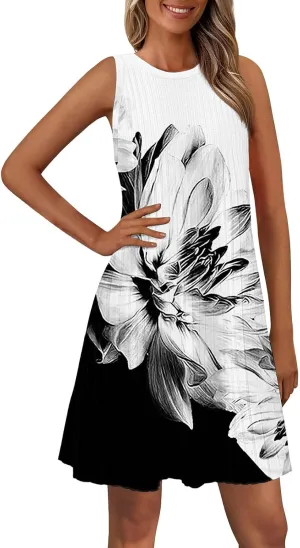 Casual Summer Dresses for Women 2025,Womens Classy Printed Sleeveless Mini Dress Boatneck Loose Tank A Line Beach Dress