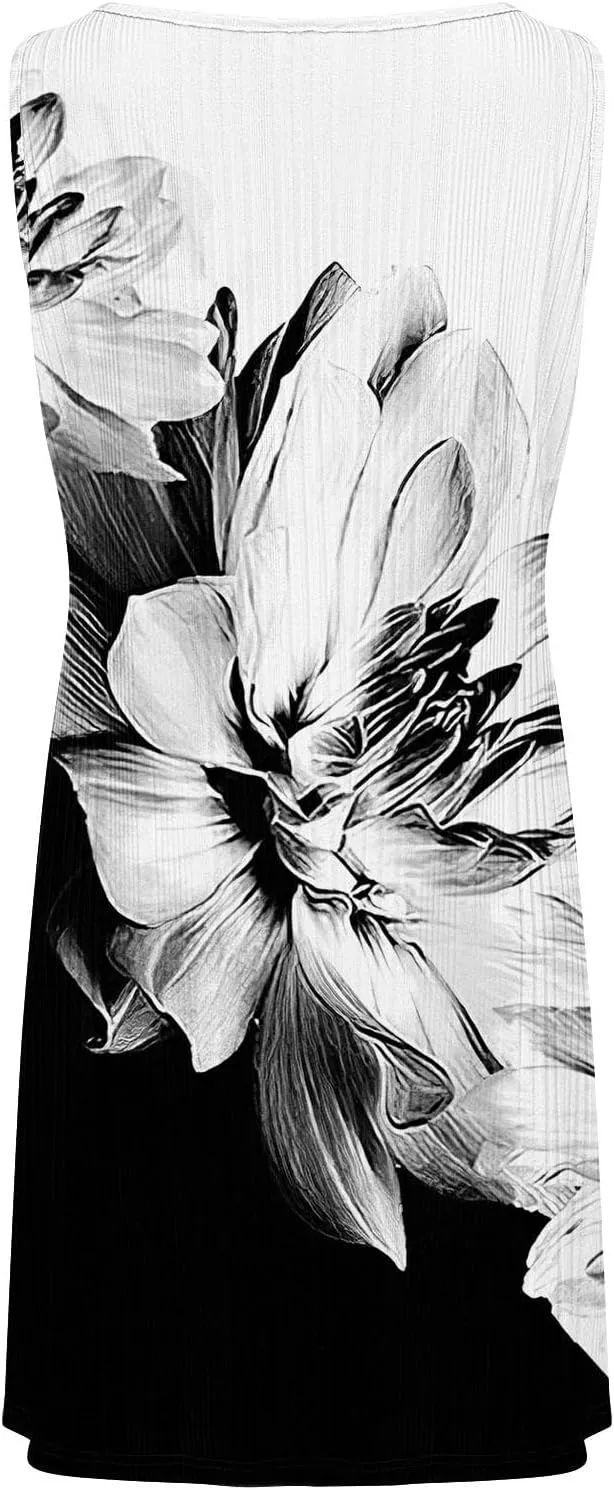 Casual Summer Dresses for Women 2025,Womens Classy Printed Sleeveless Mini Dress Boatneck Loose Tank A Line Beach Dress