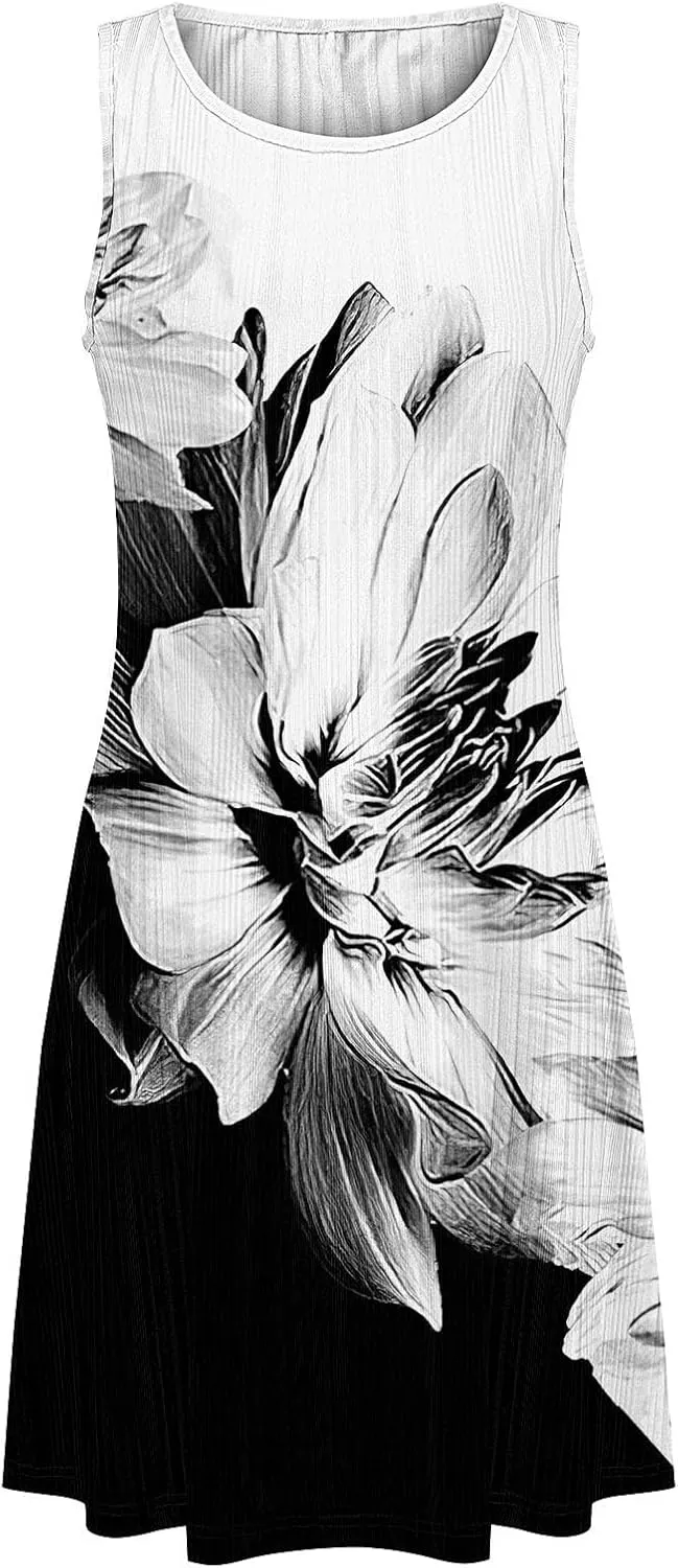 Casual Summer Dresses for Women 2025,Womens Classy Printed Sleeveless Mini Dress Boatneck Loose Tank A Line Beach Dress