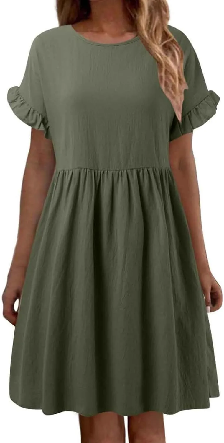Casual Summer Dresses for Women Midi Tshirt Dress A-line Dresses Cotton Linen Sundress Ruffle Sleeve Crewneck Dress