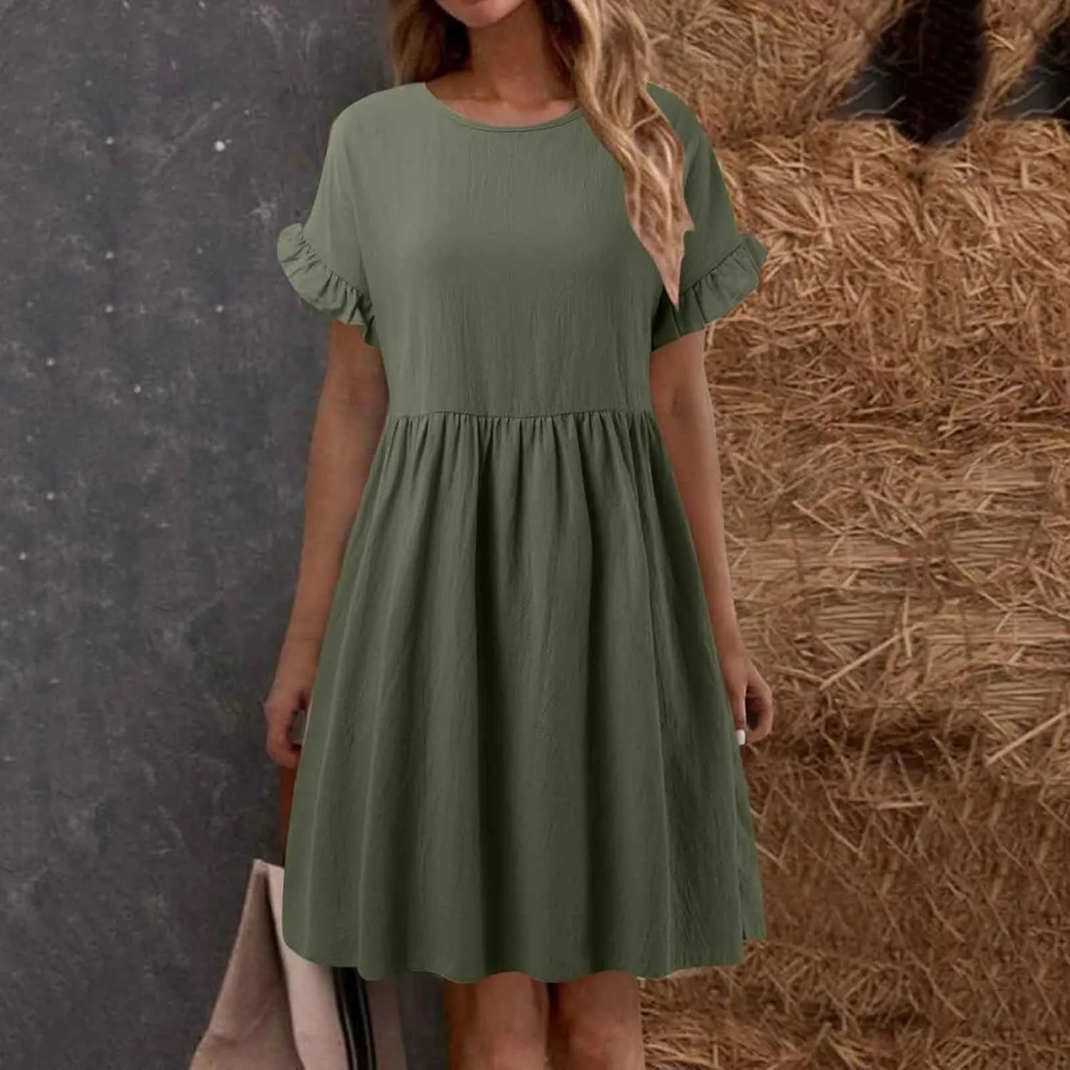 Casual Summer Dresses for Women Midi Tshirt Dress A-line Dresses Cotton Linen Sundress Ruffle Sleeve Crewneck Dress