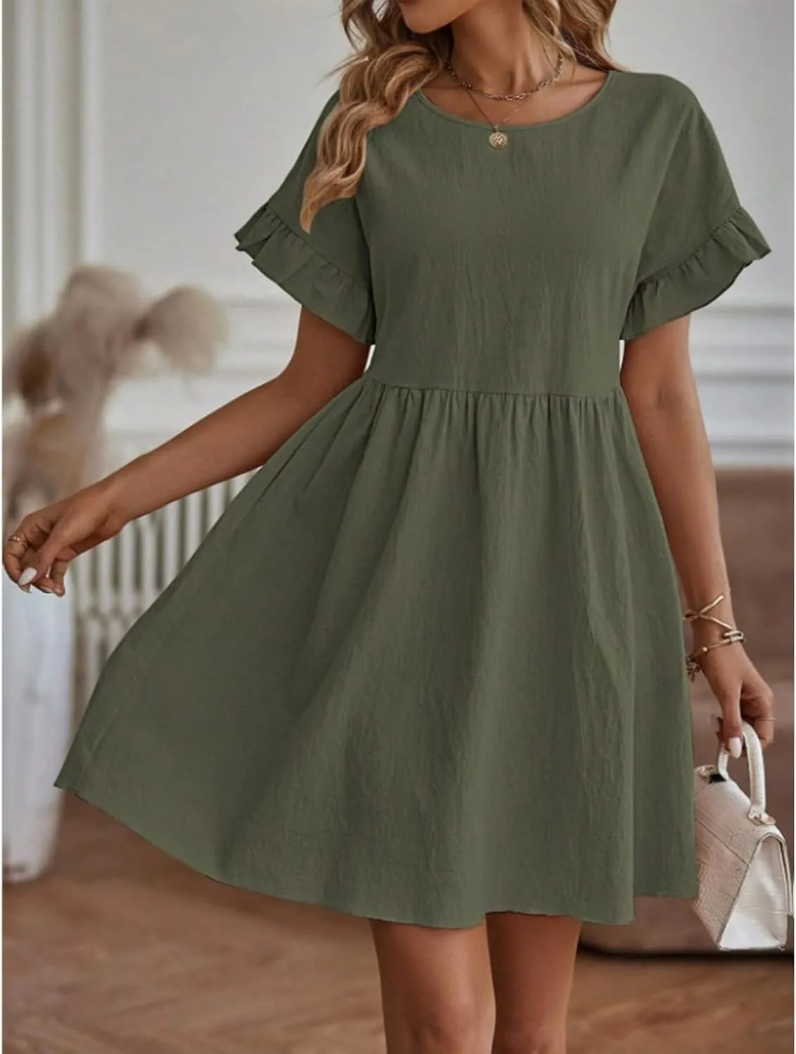 Casual Summer Dresses for Women Midi Tshirt Dress A-line Dresses Cotton Linen Sundress Ruffle Sleeve Crewneck Dress