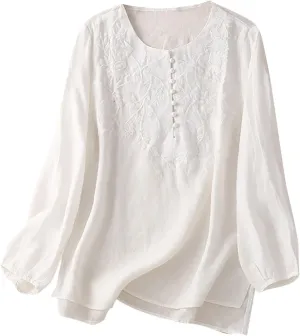 Casual Womens Long Sleeve V Neck Shirts Summer Dressy Cotton Linen Tops Button Fashion Embroidery Tunic Loose Comfy Blouses