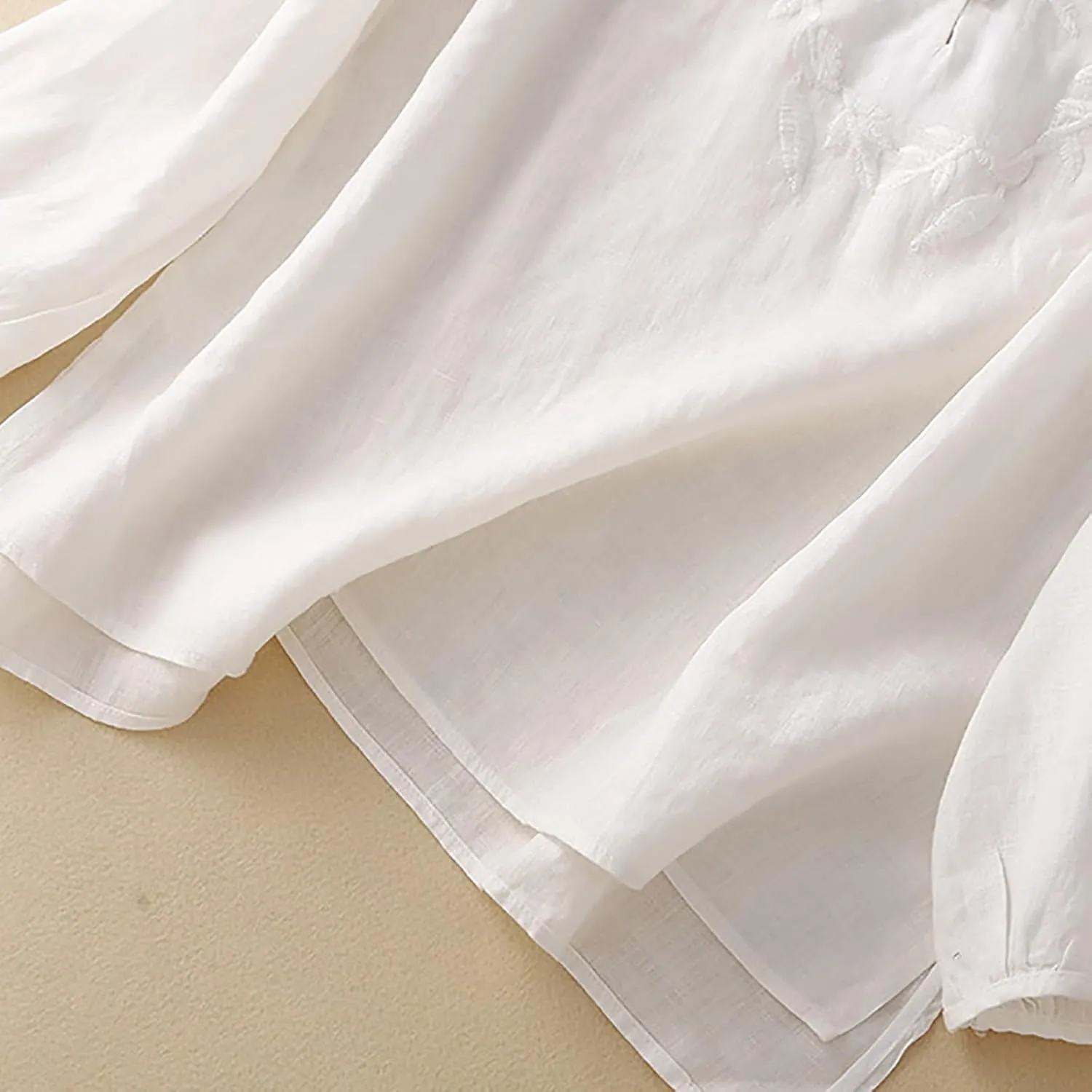 Casual Womens Long Sleeve V Neck Shirts Summer Dressy Cotton Linen Tops Button Fashion Embroidery Tunic Loose Comfy Blouses