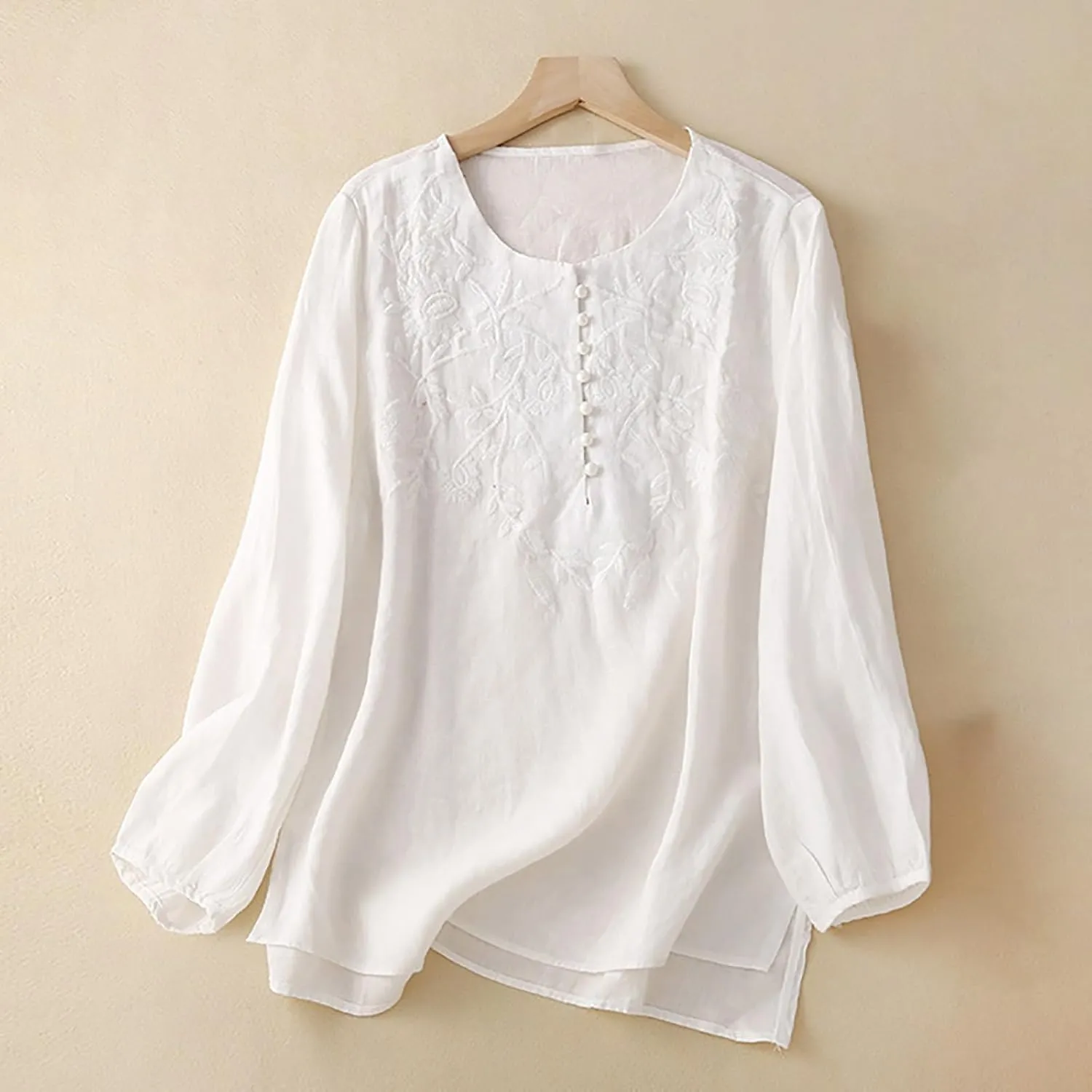 Casual Womens Long Sleeve V Neck Shirts Summer Dressy Cotton Linen Tops Button Fashion Embroidery Tunic Loose Comfy Blouses