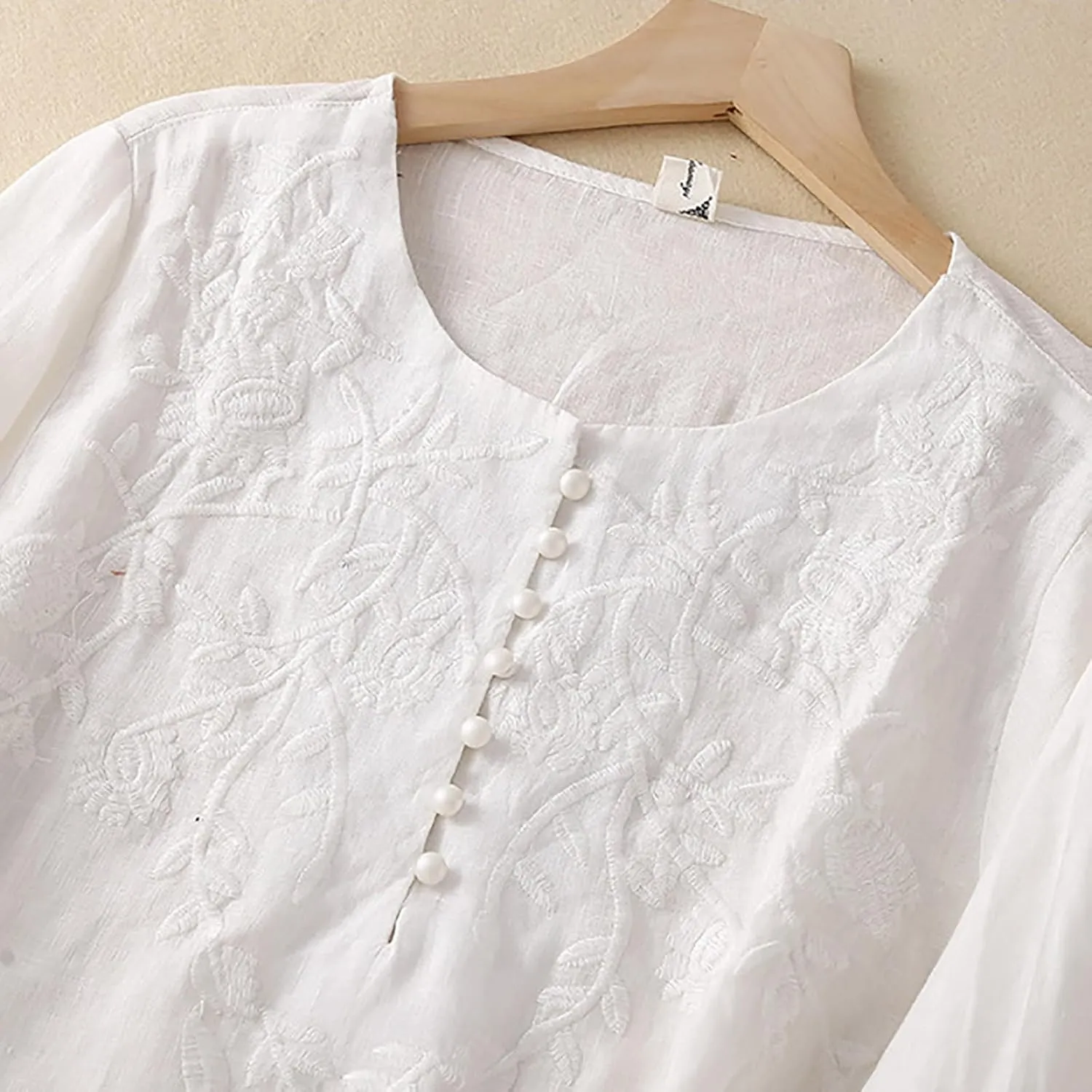 Casual Womens Long Sleeve V Neck Shirts Summer Dressy Cotton Linen Tops Button Fashion Embroidery Tunic Loose Comfy Blouses