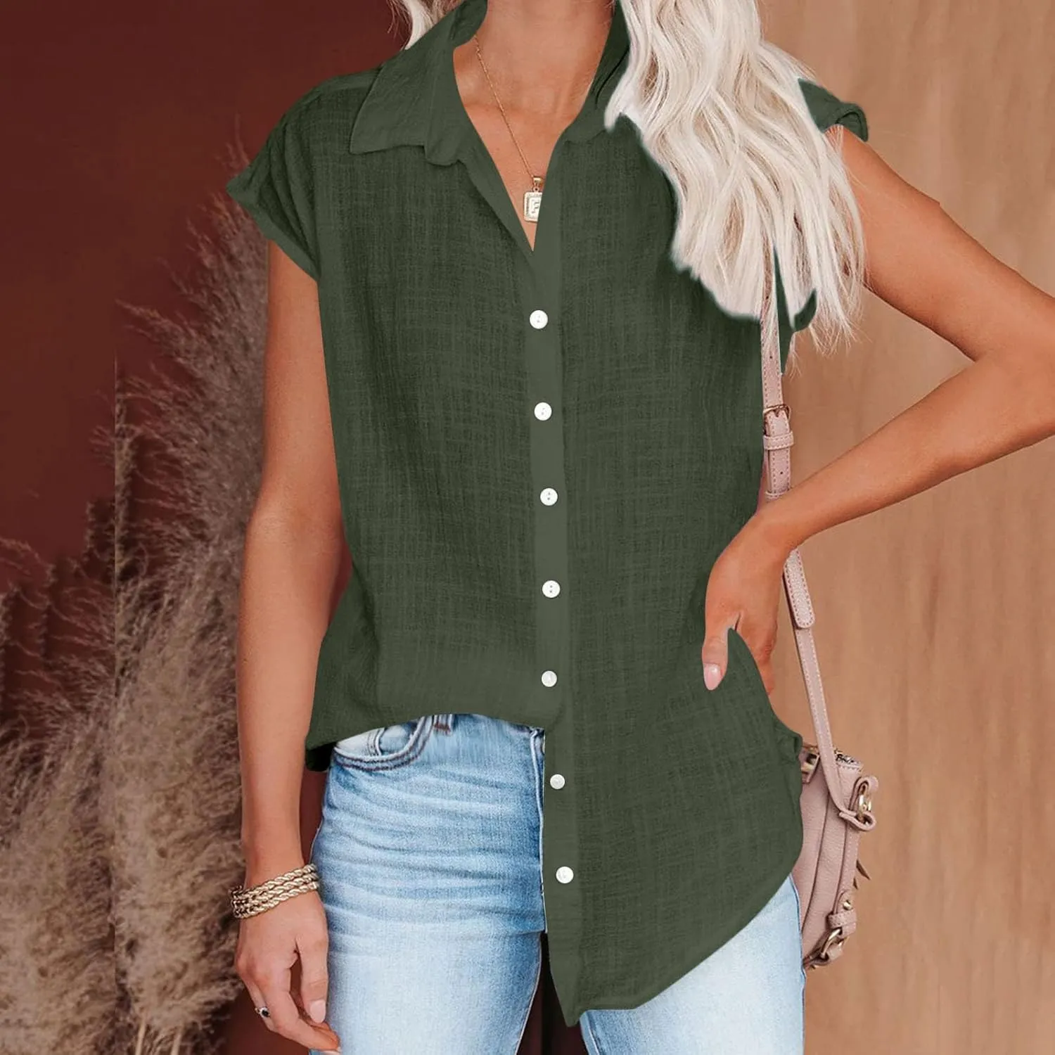 Ceboyel Shirts for Women Trendy Summer Cotton Linen Short Sleeve Tops Collared Button Down Causal Blouse Laides Clothing 2023