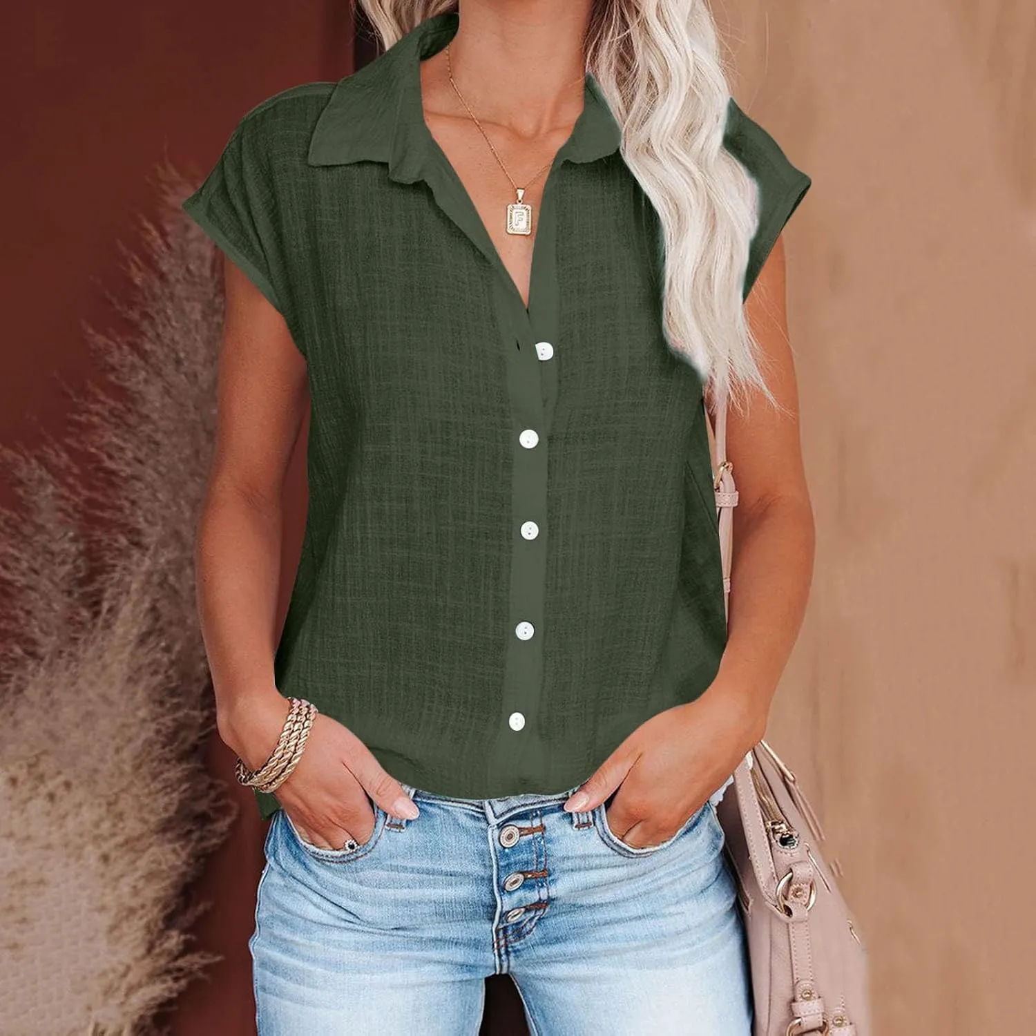 Ceboyel Shirts for Women Trendy Summer Cotton Linen Short Sleeve Tops Collared Button Down Causal Blouse Laides Clothing 2023
