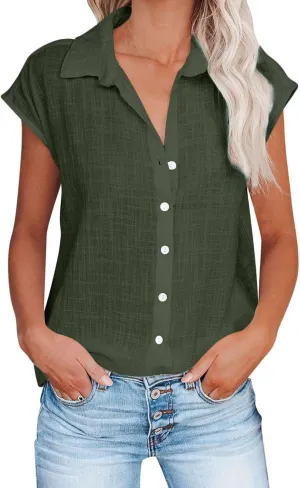 Ceboyel Shirts for Women Trendy Summer Cotton Linen Short Sleeve Tops Collared Button Down Causal Blouse Laides Clothing 2023