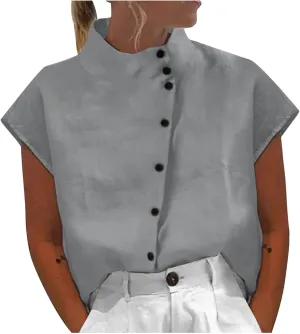 Ceboyel Women Linen Summer Shirt Dressy Causal Boho Blouses Short Sleeve Turtle Neck Tops Trendy Ladies Going Out Clothes