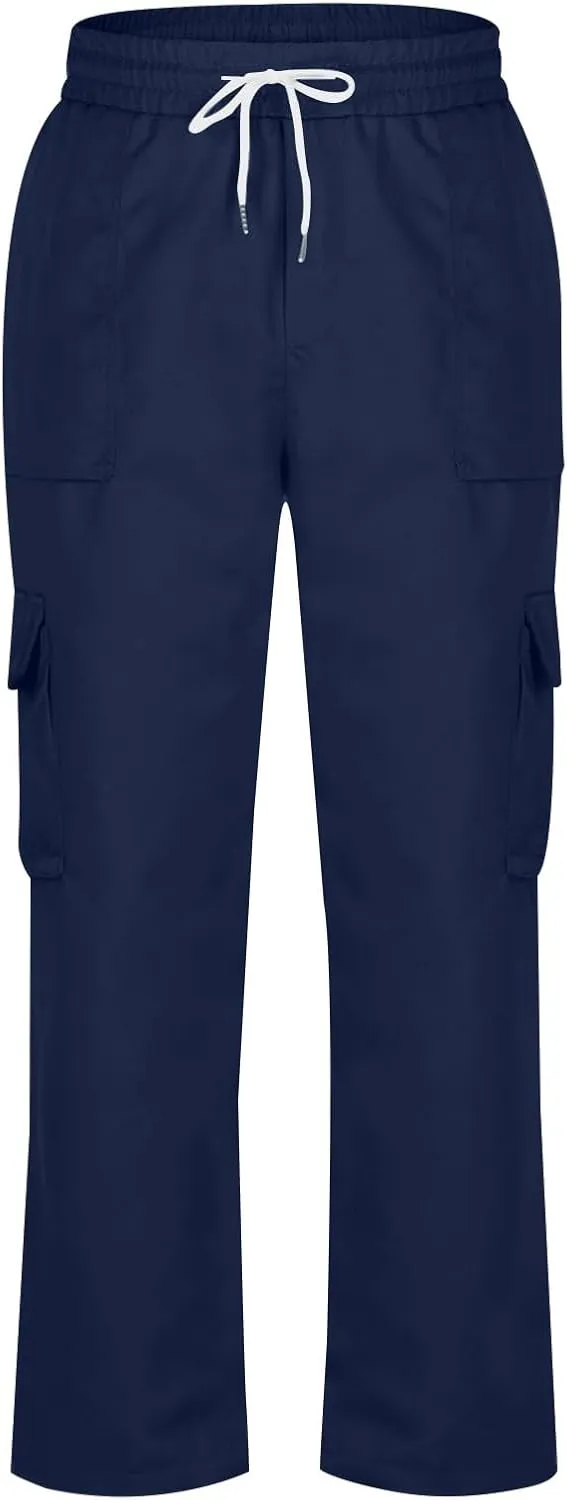 Chino Cargo Pants for Men Elastic Waist Work Pants Straight Leg Hiking Pants Drawstring Stretch Active Pants with Pockets