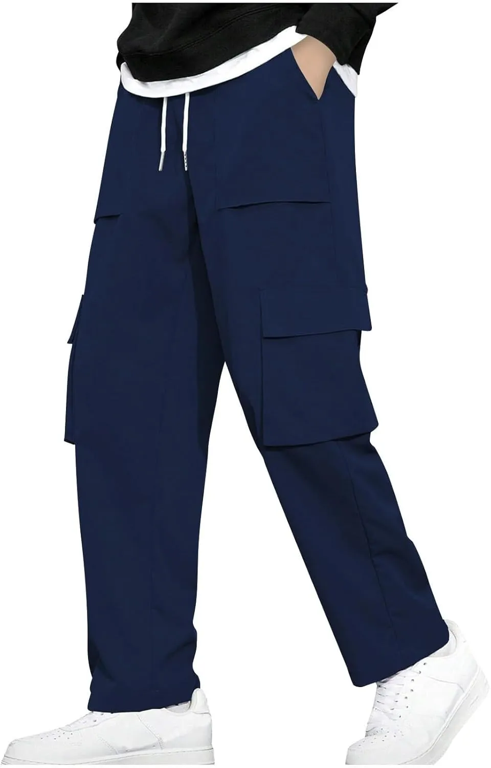 Chino Cargo Pants for Men Elastic Waist Work Pants Straight Leg Hiking Pants Drawstring Stretch Active Pants with Pockets