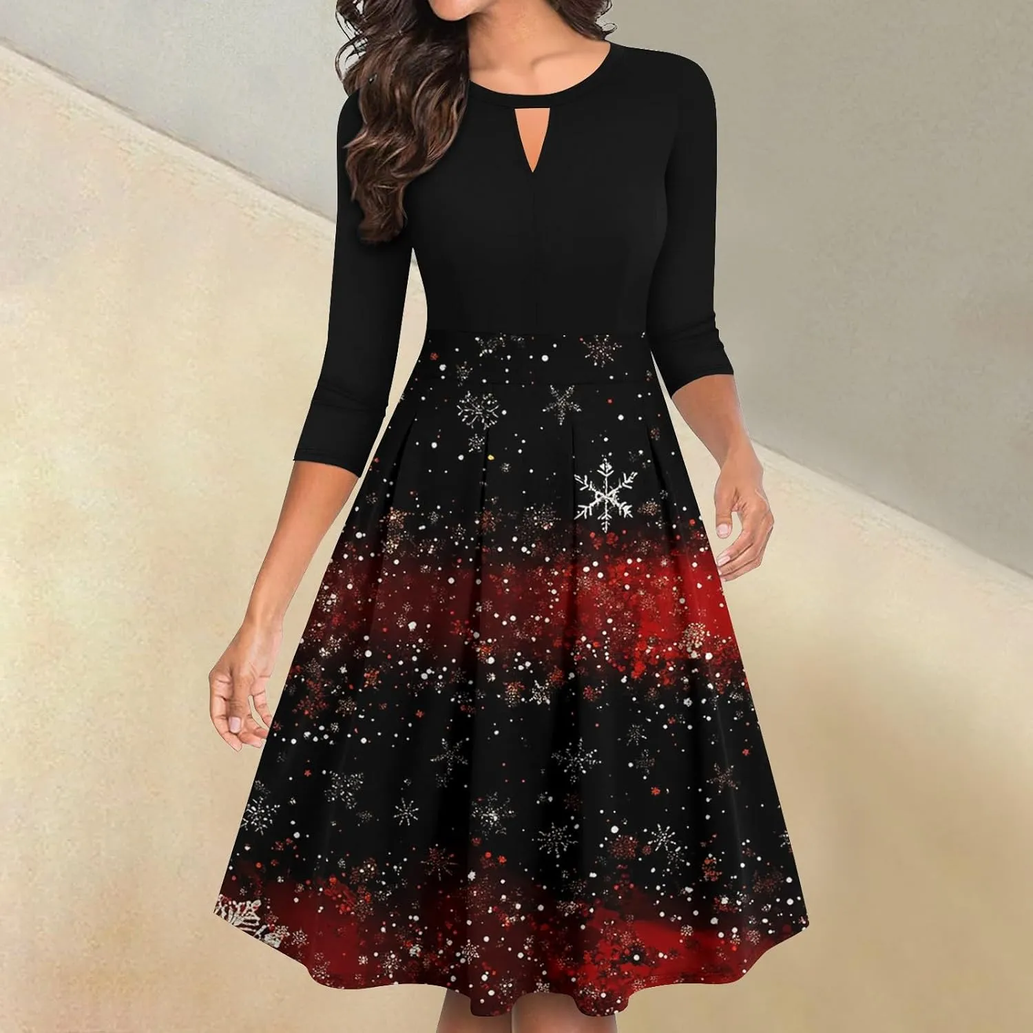 Christmas Dress for Women, 3/4 Sleeve A Line Vintage Casual Swing Party Dress Knee Length Sexy Xmas Dresses