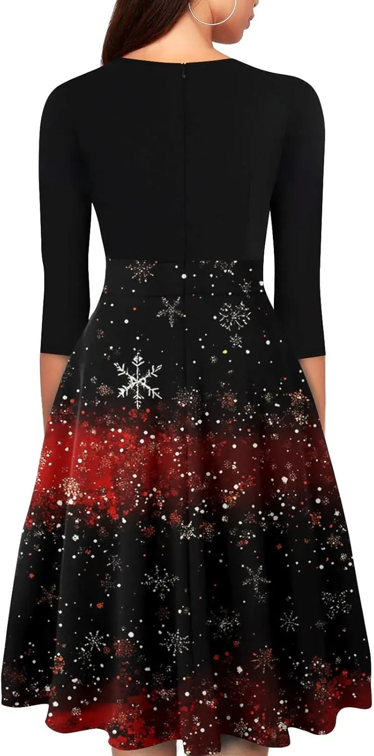 Christmas Dress for Women, 3/4 Sleeve A Line Vintage Casual Swing Party Dress Knee Length Sexy Xmas Dresses
