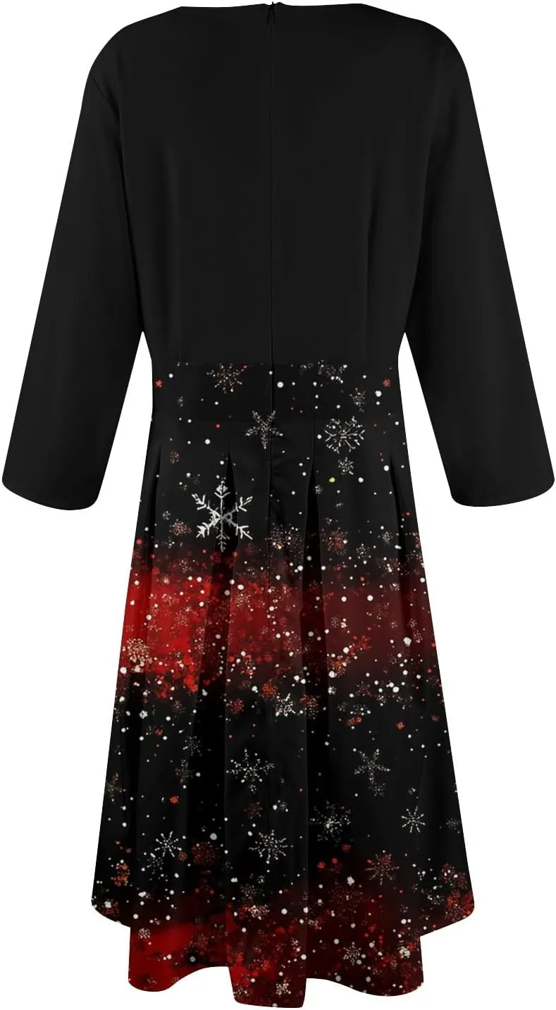 Christmas Dress for Women, 3/4 Sleeve A Line Vintage Casual Swing Party Dress Knee Length Sexy Xmas Dresses