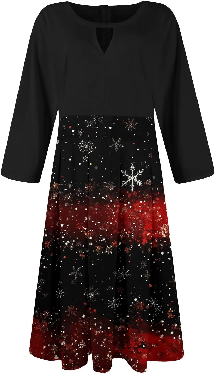 Christmas Dress for Women, 3/4 Sleeve A Line Vintage Casual Swing Party Dress Knee Length Sexy Xmas Dresses