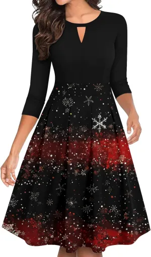 Christmas Dress for Women, 3/4 Sleeve A Line Vintage Casual Swing Party Dress Knee Length Sexy Xmas Dresses