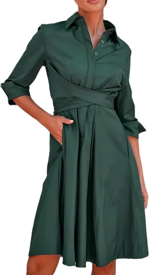 Collared Belted Pockets Midi Shirt Dresses for Women Business Casual Button Up Rolled Sleeve A-line Shirt Work Dress