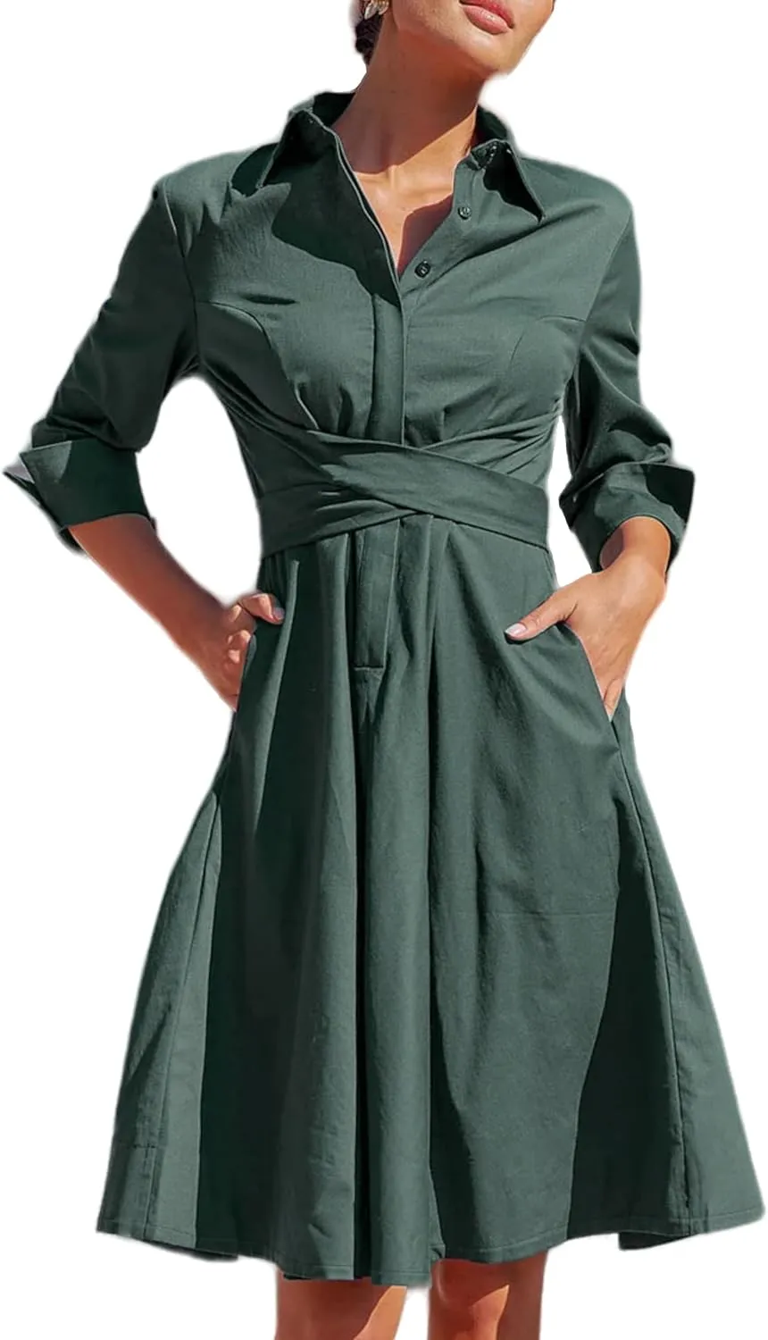 Collared Belted Pockets Midi Shirt Dresses for Women Business Casual Button Up Rolled Sleeve A-line Shirt Work Dress