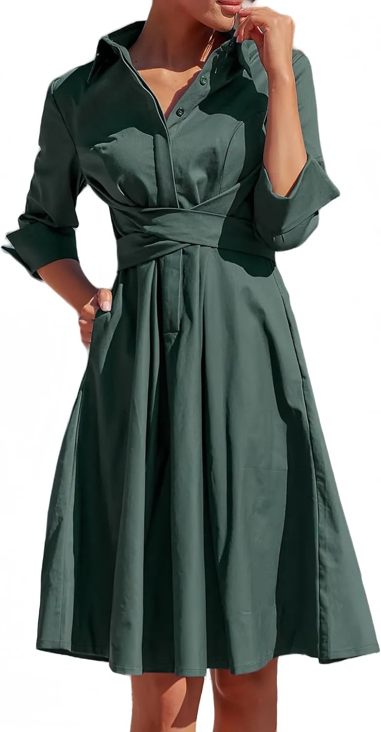 Collared Belted Pockets Midi Shirt Dresses for Women Business Casual Button Up Rolled Sleeve A-line Shirt Work Dress