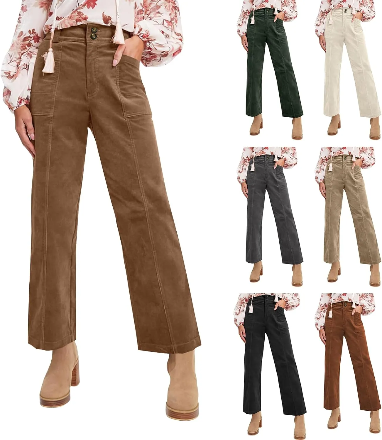 Corduroy Pants Women Business Baggy Wide Leg Dress Pants High Waisted Comfy Work Pants with Pockets Ankle Pants