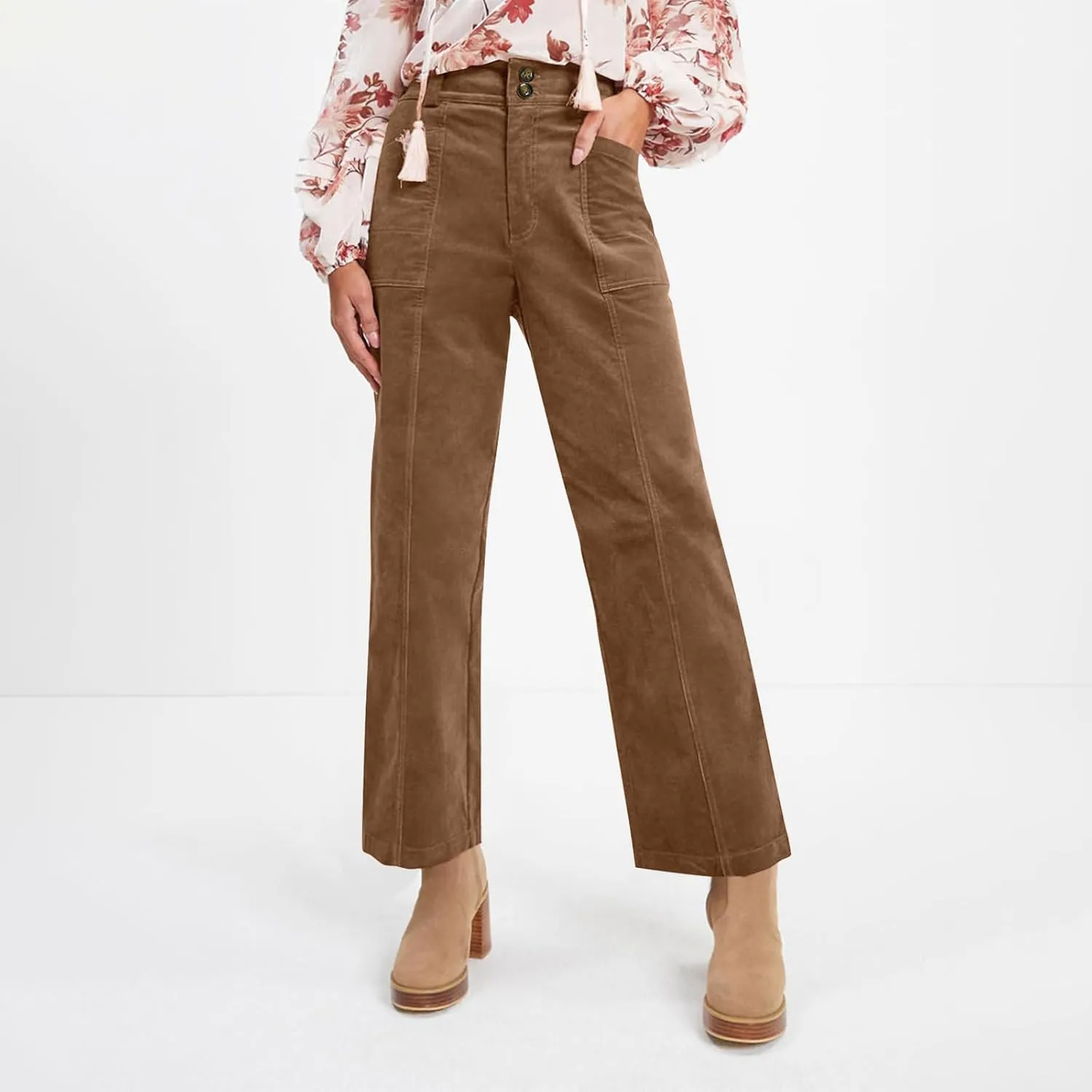 Corduroy Pants Women Business Baggy Wide Leg Dress Pants High Waisted Comfy Work Pants with Pockets Ankle Pants