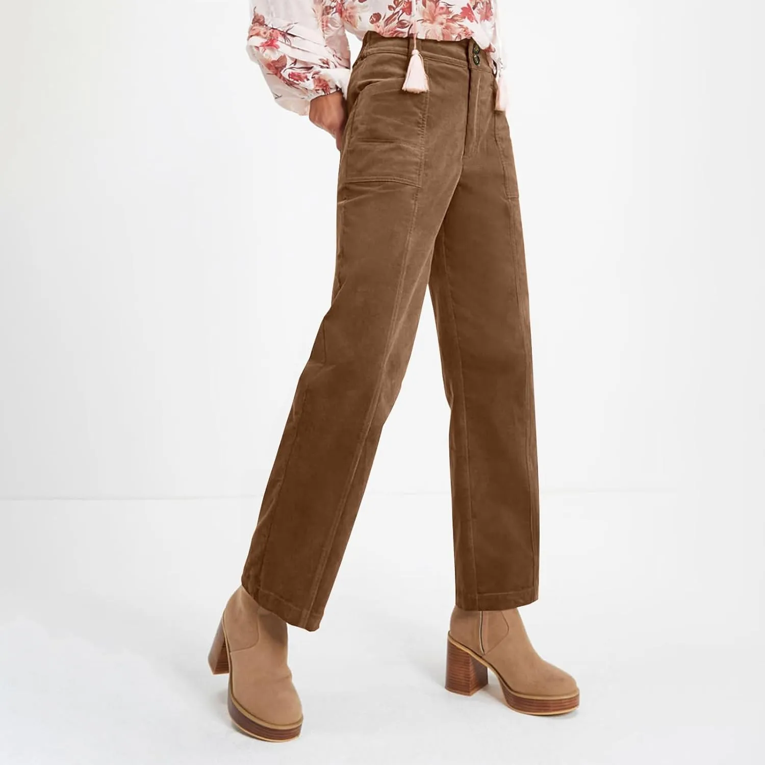 Corduroy Pants Women Business Baggy Wide Leg Dress Pants High Waisted Comfy Work Pants with Pockets Ankle Pants