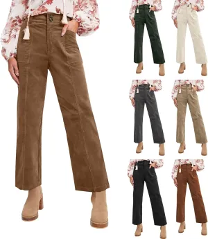 Corduroy Pants Women Business Baggy Wide Leg Dress Pants High Waisted Comfy Work Pants with Pockets Ankle Pants