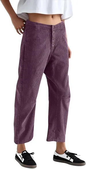 Corduroy Pants Women Button Barrel Low Rise Pants Cropped Casual Pants Wide Leg Snkle Pants Stretchy Trouser with Pocket