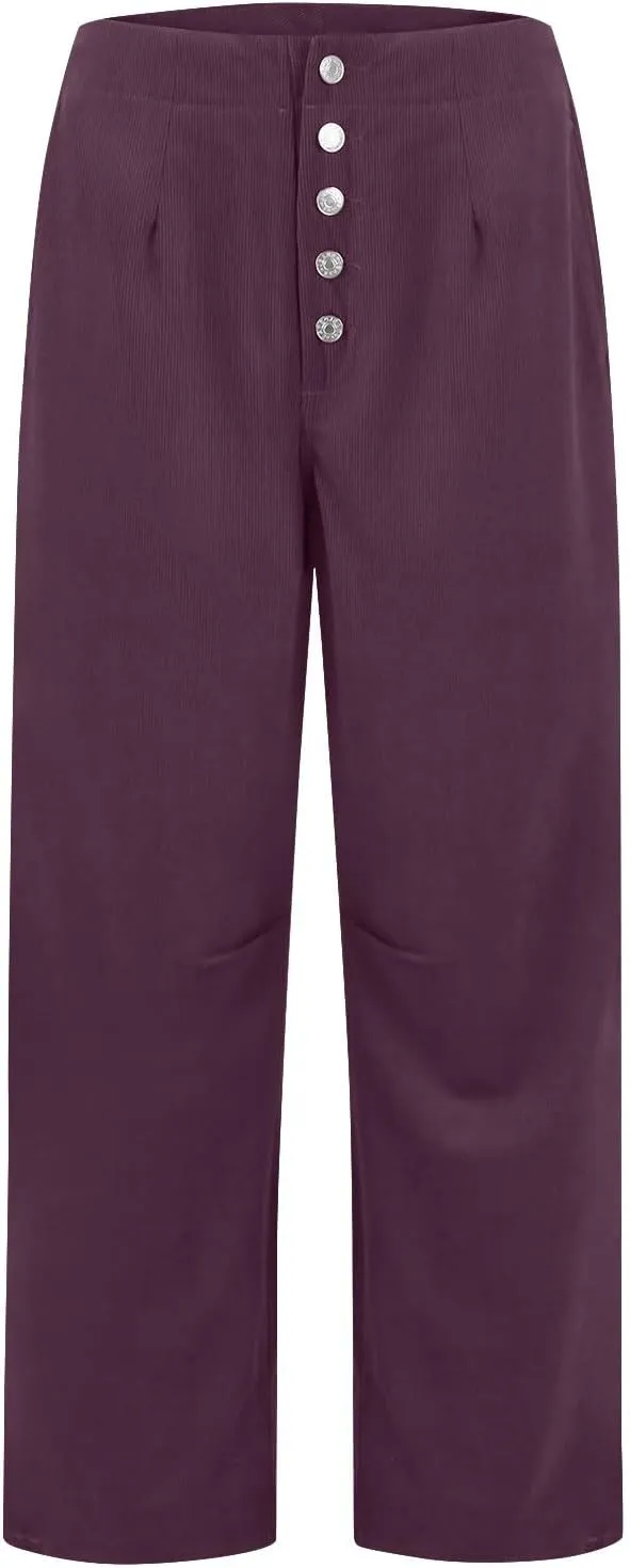 Corduroy Pants Women Button Barrel Low Rise Pants Cropped Casual Pants Wide Leg Snkle Pants Stretchy Trouser with Pocket