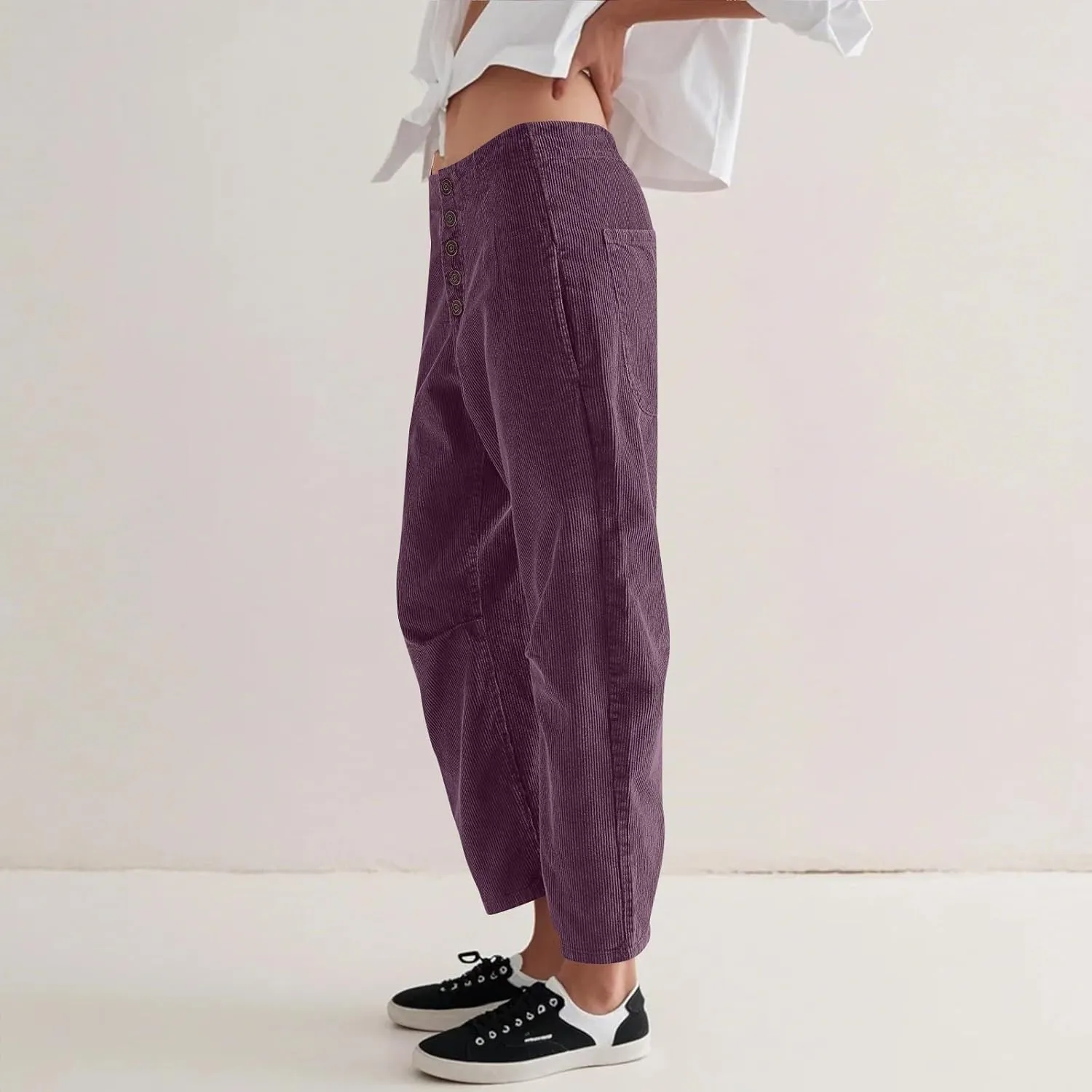 Corduroy Pants Women Button Barrel Low Rise Pants Cropped Casual Pants Wide Leg Snkle Pants Stretchy Trouser with Pocket