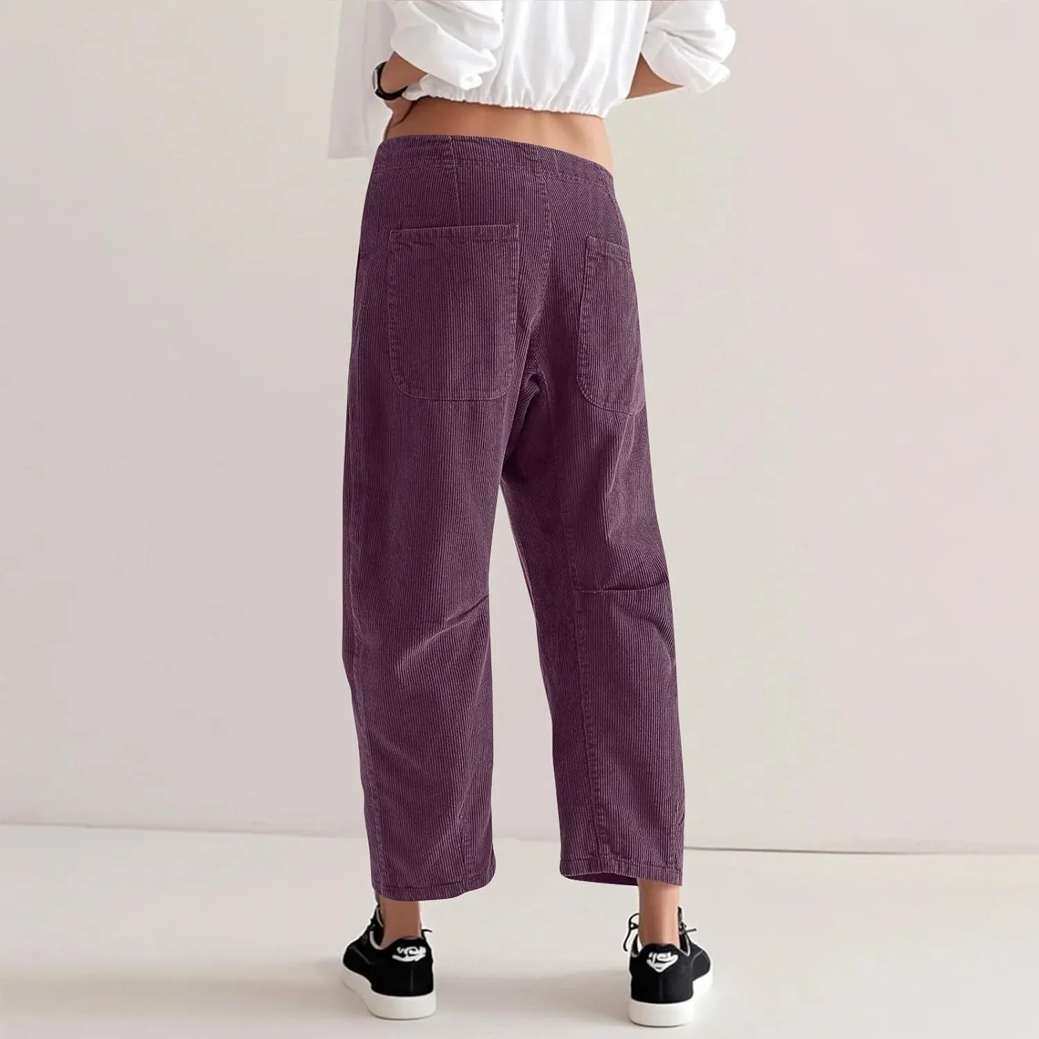 Corduroy Pants Women Button Barrel Low Rise Pants Cropped Casual Pants Wide Leg Snkle Pants Stretchy Trouser with Pocket
