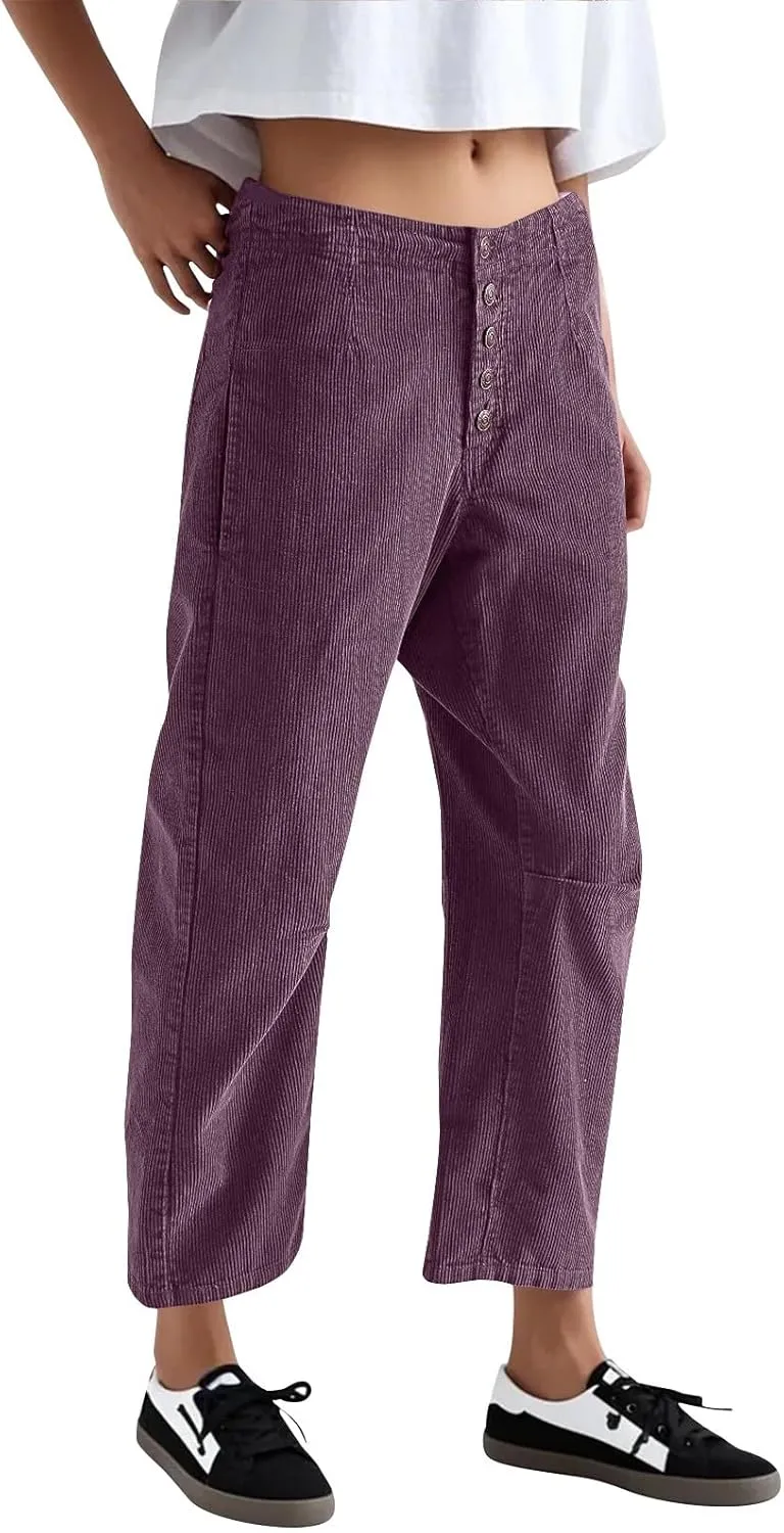 Corduroy Pants Women Button Barrel Low Rise Pants Cropped Casual Pants Wide Leg Snkle Pants Stretchy Trouser with Pocket