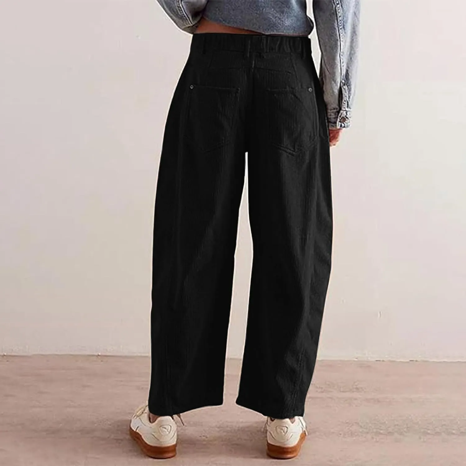 Corduroy Pants Women High Waisted Wide Leg Pants Button Elastic Waist Barrel Pants Loose Lounge Pants with Pockets