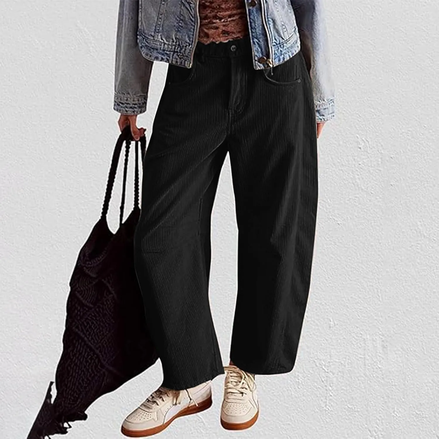 Corduroy Pants Women High Waisted Wide Leg Pants Button Elastic Waist Barrel Pants Loose Lounge Pants with Pockets