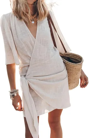 Cotton and Linen V-Neck Midi Dress Short Sleeve Wrap Tie Mini Dress Casual Elegant Beach Work Vacation Travel Dresses