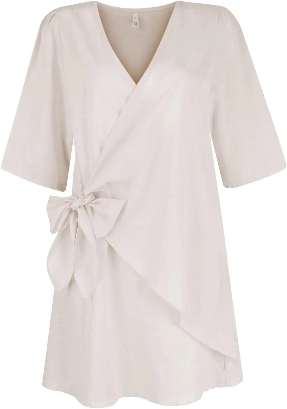 Cotton and Linen V-Neck Midi Dress Short Sleeve Wrap Tie Mini Dress Casual Elegant Beach Work Vacation Travel Dresses