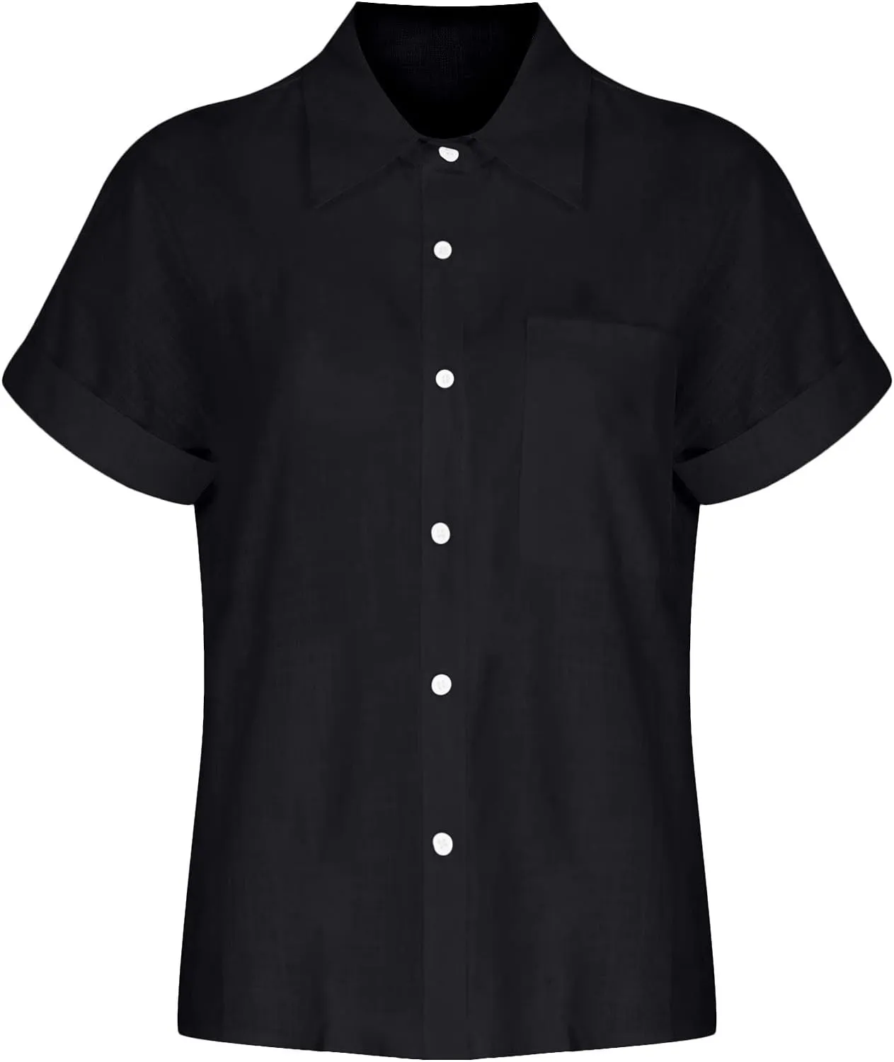 Cotton Linen Button Down Shirts for Women V Neck Collared Blouse Short Sleeve Business Work Tops Summer Gauze Shirt