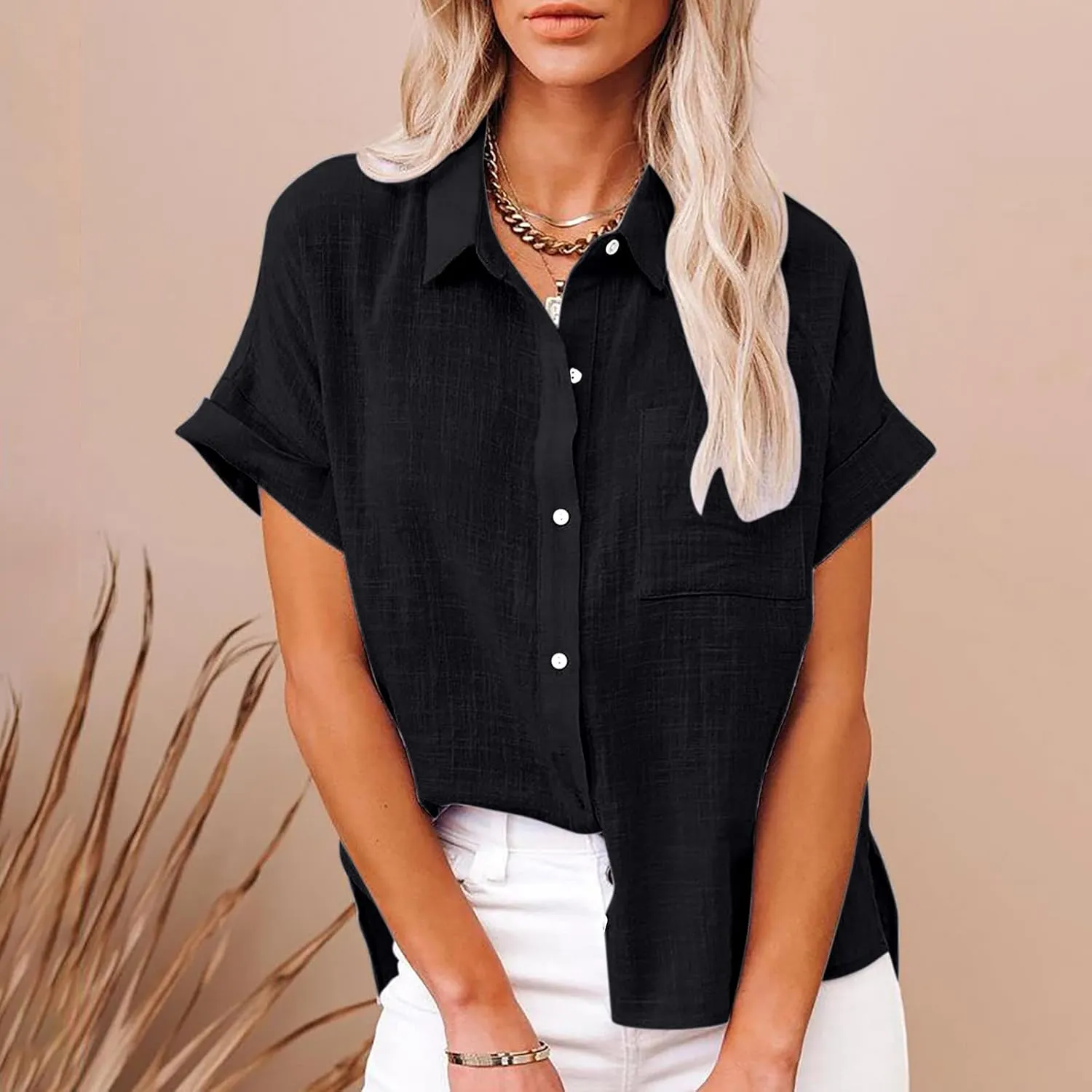 Cotton Linen Button Down Shirts for Women V Neck Collared Blouse Short Sleeve Business Work Tops Summer Gauze Shirt