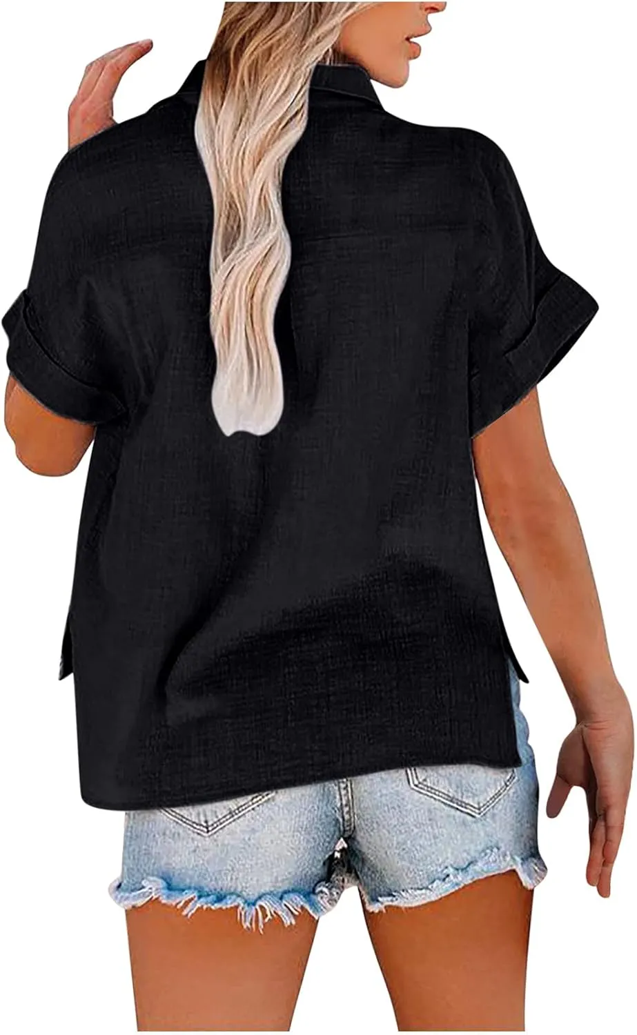 Cotton Linen Button Down Shirts for Women V Neck Collared Blouse Short Sleeve Business Work Tops Summer Gauze Shirt