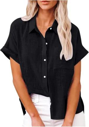 Cotton Linen Button Down Shirts for Women V Neck Collared Blouse Short Sleeve Business Work Tops Summer Gauze Shirt