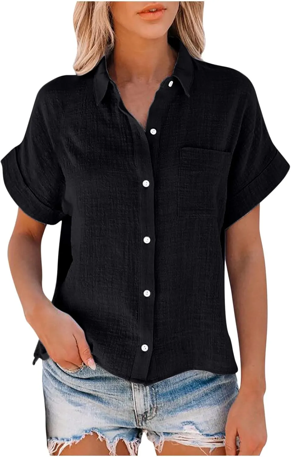 Cotton Linen Button Down Shirts for Women V Neck Collared Blouse Short Sleeve Business Work Tops Summer Gauze Shirt