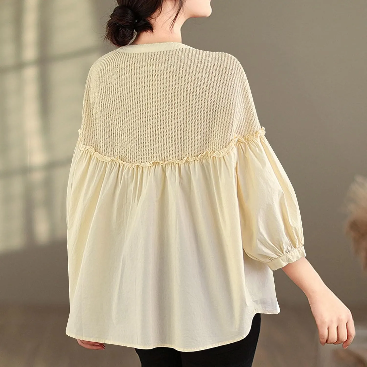 Cotton Linen Button Tops for Women 2025 Summer Peplum Babydoll Puff Short Sleeve Blouse T-Shirts Cute Crewneck Shirts